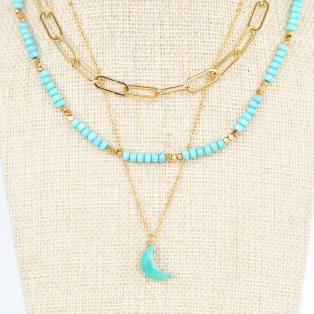 BUNDLE Turquoise Beaded Necklace & Bracelet Set Waterproof Gold